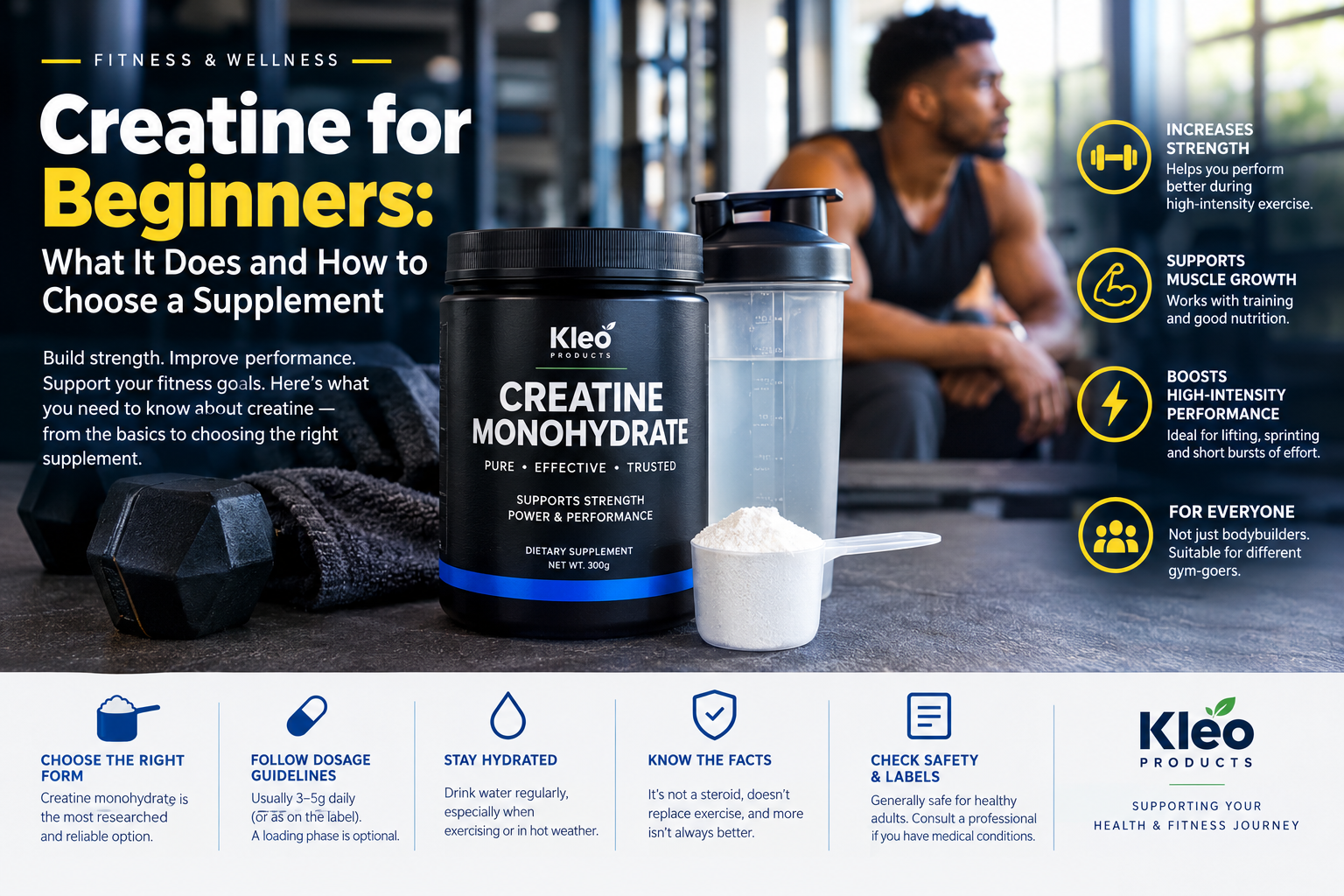 Creatine monohydrate powder, scoop and shaker bottle in a gym setting.